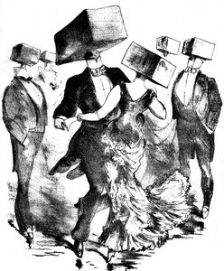 Ongesigneerde illustratie voor de partituur van een werk van Emile Fischer getiteld "Polka des hamteaux", eind 19e - begin 20e eeuw - deze anonieme compositie roept zowel de uitvindingen van de voorloper Grandville als die van toekomstige surrealisten op