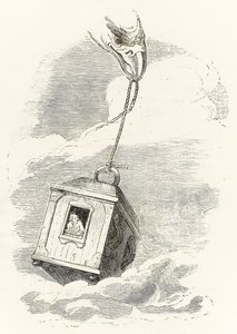 Gulliver ontsnapt uit Brobdingnag wanneer zijn doos wordt gegrepen door een adelaar die het in de zee laat vallen, uit Gullivers Reizen door Jonathan Swift door Grandville