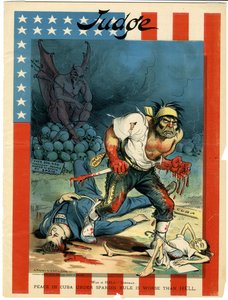 Oorlog is Hel - Sherman, Vrede in Cuba onder Spaanse heerschappij is erger dan de hel, illustratie uit Judge, 30 april 1898
