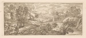 Rivierlandschap met twee wandelende figuren