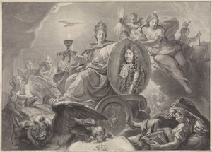 Allegorisch portret van Lodewijk XIV, koning van Frankrijk door Gérard Edelinck