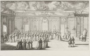De Audiëntiekamer tijdens de ontvangst van de bruid in het paleis van Dresden op 2 september 1719 door Gerard Jean Baptiste Scotin