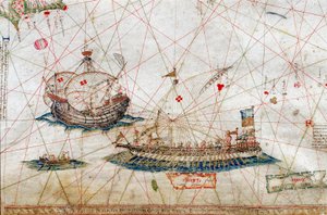 Detail van schepen met hoge masten uit de Nautische Kaart door Grazioso Benincasa