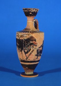 Attische zwartfiguur lekythos die Odysseus afbeeldt die ontsnapt aan de Cycloop, c. 530 v.Chr.