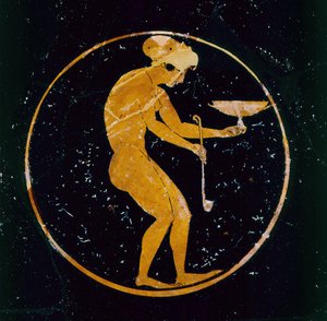 Attische roodfigurige beker versierd met een naakt slavinnetje dat een wijnglas en een pollepel vasthoudt, door Oltos, ca. 510 v.Chr. door Greek