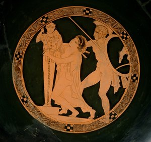 Attische roodfigurige beker die Cassandra afbeeldt, achtervolgd door Ajax die toevlucht zoekt bij een xoanon van Athena, ca.430 v.Chr. door Greek