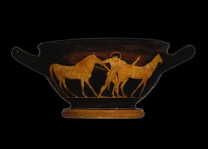 Attische roodfigurige skyphos, met Herakles en de Merries van Diomedes