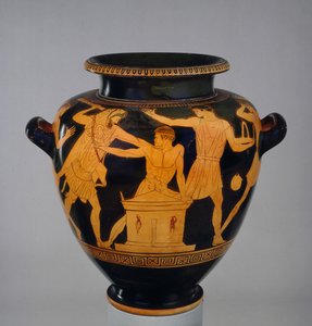 Attische roodfigurige stamnos versierd met Heracles en Busiris, de koning van Egypte, door een late volgeling van de Berlijnse schilder, uit Vulci