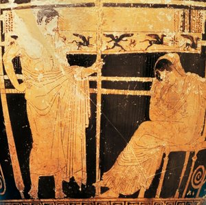 Attische skyphos door de schilder van Thelemacus die Penelope en Telemachus uitbeeldt