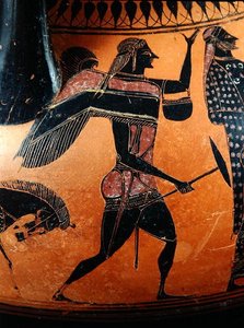 Detail van een amphora die het verhaal van Theseus en de Minotaurus uitbeeldt, ca. 540 v.Chr. (klei)