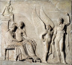 Griekse kunst: De prins van Sparta Parijs verleidt Helena van Troje, Aphrodite is afgebeeld. Marmeren reliëf naar een Grieks origineel. 1e eeuw v.Chr. Museo Archeologico Nazionale, Napels