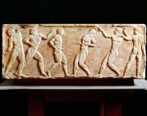 Griekse beschaving, Stele die atleten in de gymnasium afbeeldt, uit de Kerameikos necropolis in Athene, Griekenland, 510 v.Chr.