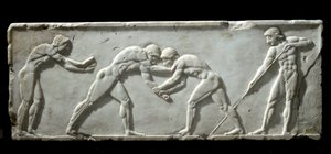 Griekse kunst: basis van kouros die worstelaars tijdens een gevecht voorstelt