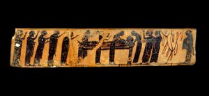 Griekse kunst: fragment van een vaas met zwarte figuren in keramiek die een begrafenisceremonie voorstellen: voorstelling van het lichaam van de overledene en van de rouwklachten rond het doodsbed, 6e eeuw v.Chr. Parijs, Musee du Louvre door Greek