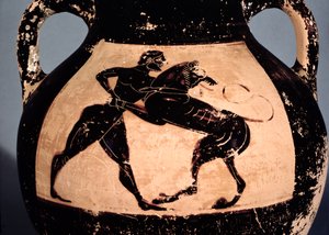 Herakles worstelt met de Nemeïsche leeuw, detail van een Attische zwartfigurige amfora