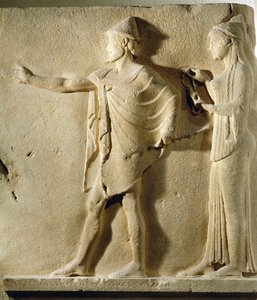 Hermes agoraios en een liefdadigheid, reliëf uit de Passage van de Theores, van Thasos, ca. 470 v.Chr.
