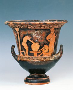 Krater met scène van pottenbakker aan het werk onder het oog van Athena, roodfigurige keramiek uit Sicilië, Italië, Magna Graecia, 5e eeuw v.Chr. door Greek