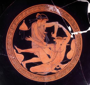 Minotaurus gedood door Theseus - Griekse vaas bewaard in het Museo Archeologico de Firenze. Binnenkant van de pentische beker met rode figuren, schilder van Dokimasia. 480 v.Chr. (Minotaurus)