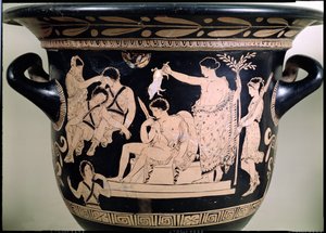 Orestes als Smekeling bij het Heiligdom van Apollo in Delphi, detail van een Attische roodfigurige krater, toegeschreven aan de Apulische Eumenides Schilder door Greek