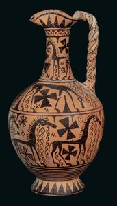 Trefoil-mond oinochoe versierd met paarden, van Skyros, Sporaden, Oriëntaliserende Periode (675-650 v.Chr.)