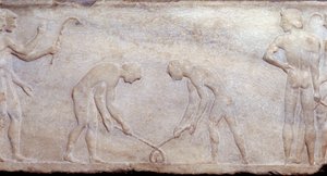 Kunst van het oude Griekenland: Balspel met lacrosse (principe van het huidige hockey)