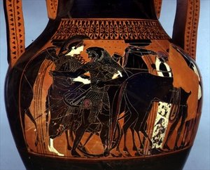 Zwartfigurige amphora versierd met een scène van Heracles die Athena helpt (detail)