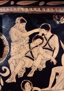 Attische roodfigurige krater die Orestes als smekeling bij het heiligdom van Apollo in Delphi afbeeldt, toegeschreven aan de Apulische Eumenides Schilder, ca. 380 v.Chr. (detail) door Greek School