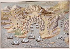 Vogelvlucht van West-Griekenland gecentreerd op Vonitsa, uit de Picturale Geschiedenis van de Griekse Onafhankelijkheidsoorlog door Greek School
