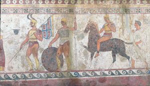 Voetsoldaten en cavalerie, grafschildering uit Paestum door Greek School