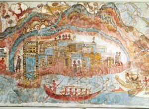 Fresco die een scheepsprocessie uit Akrotiri, Thera-eiland, Santorini, Griekenland, detail, een kuststad toont
