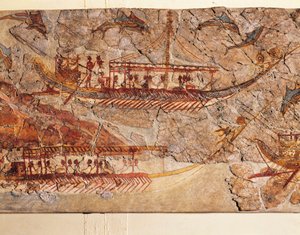 Fresco die scheepsprocessie uitbeeldt, van Akrotiri, Thera-eiland, Santorini, Griekenland, detail, schepen