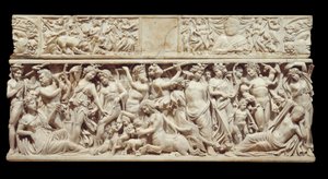 Reliëf op marmer van een sarcofaag die Dionysus ontdekt slapende Ariadne afbeeldt
