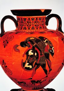 Griekse beschaving, 6e eeuw v.Chr. Zwartfigurige keramiek. Amfoor met Ajax die het lichaam van Achilles draagt.