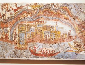 Griekse beschaving, fresco die scheepsprocessie uitbeeldt, van Akrotiri, Thera-eiland, Santorini, Griekenland