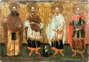 Icoon met SS. Cosmas en Damian door Greek School