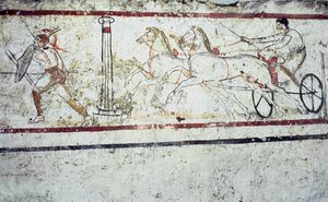 Lucaniaanse fresco grafschildering die een gladiator en een man op een strijdwagen afbeeldt, Paestum 350-330 v.Chr.