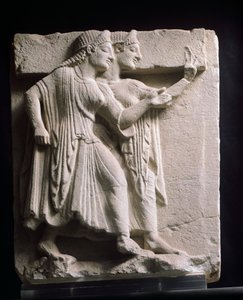 Metope met dansers, reliëf van oude thesaurus, Campania, Italië 5e eeuw v.Chr.