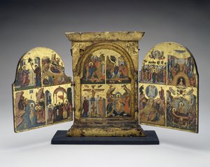 Opwekking van Lazarus; Intocht in Jeruzalem; Kruisiging; Nederdaling van Christus in de hel (middenpaneel) door Greek School