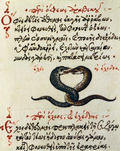Slang koppeling, test en miniatuur uit De animalium natura et proprietate libellus, door Aelianus door Greek School