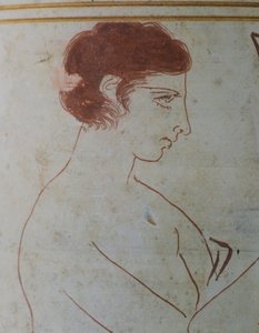 Attische lekythos, toont een begrafenisscène van een krijger zittend voor zijn graf, 420-410 v.Chr., toegeschreven aan de schilder Parrhasius van Efeze, witgrond aardewerk uit Athene, Griekenland. Detail. Griekse beschaving, 5e eeuw v.Chr.