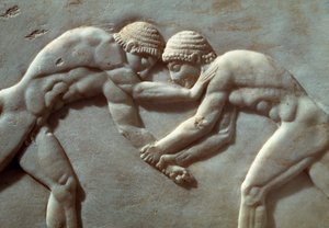 Wedstrijd tussen atleten, reliëf uit de Necropolis van Kerameikos in Athene, Griekenland, detail, Griekse beschaving, 6e eeuw v.Chr.