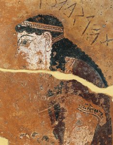 Geschilderde terracotta metope die Philomela uitbeeldt, dochter van de Atheense koning Pandion, van de Tempel van Apollo, Thermos, Griekenland door Greek School