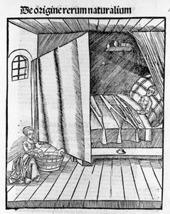 Een vroedvrouw reinigt de pasgeboren baby terwijl de moeder rust. Gravure in “Margarita Philosophica” door Gregor Reisch (1467-1525), Basel door Gregor Reisch