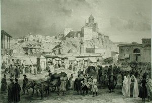 De Bazaar op het Maidan-plein, Tiflis, Georgië, plaat 25 uit een boek over de Kaukasus, gegraveerd door Adolphe Jean-Baptiste Bayot (1810-66) en Eugene Ciceri (1813-90), gepubliceerd door Alfred Leon Lemercier, Parijs door Grigori Grigorevich (after) Gagarin