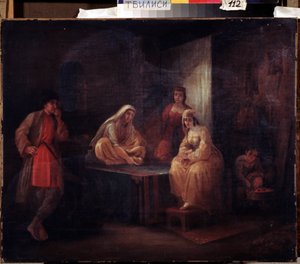 In de kamer, oriëntalistische scène met danseressen uit Shamakha in Azerbeidzjan verzameld in een harem, schilderij van Grigori Grigorievich Gagarin (1810-1893), olie op doek, Russische kunst 19e eeuw, Staats Georgisch Kunstmuseum, Tbilisi