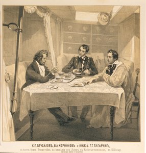 Karl Bryullov, Vladimir Kornilov en Graaf Grigori Gagarin aan boord van de brik Themistocles, 1835 door Grigori Grigorevich Gagarin