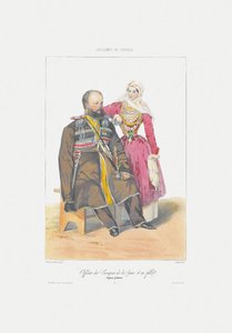 Terek Kozak met dochter Uit: Scènes, landschappen, zeden en kostuums van de Kaukasus, 1840 door Grigori Grigorevich Gagarin