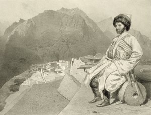 Uitzicht op Ghimri en portret van Hadji-Mourad, plaat 66 uit een boek over de Kaukasus, gegraveerd door Jules Joseph Augustin Laurens en Eugene Ciceri door Adolphe Mouilleron