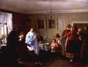 Het Feliciteren van de Pasgetrouwden in het Huis van de Landheer door Grigori Grigorievich Mjasoedov