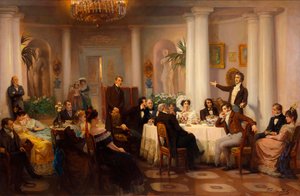 Pushkin en zijn vrienden luisteren naar Adam Mickiewicz in de salon van prinses Zinaida Volkonskaya, 1899